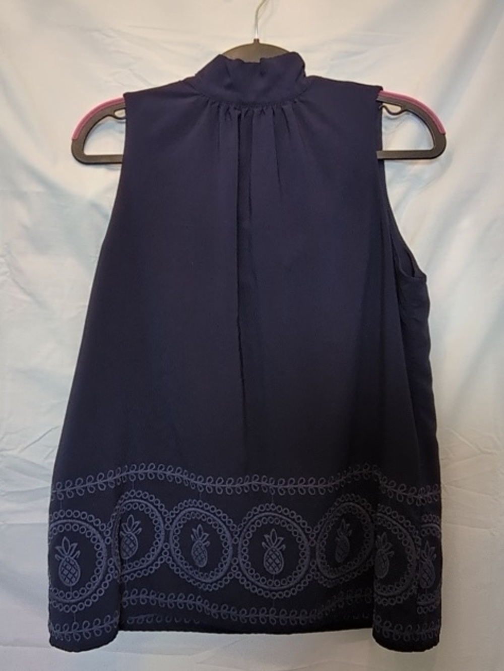 crown & ivy Navy Sleeveless Mock Neck Top with Embroidered Hem